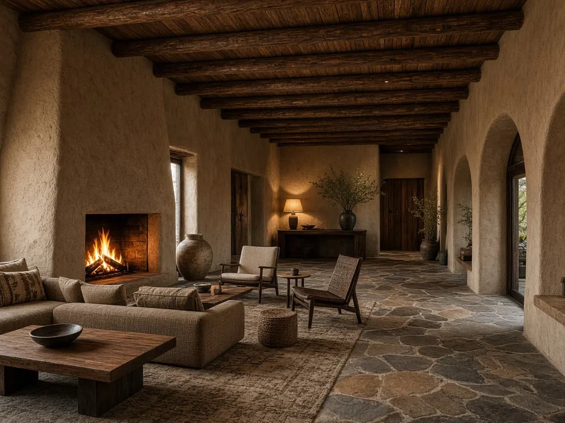 Lobby de piedra y madera en Casa Pucarani