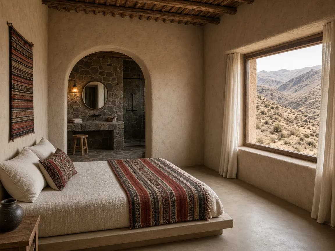 Habitación con muros de tierra en Casa Pucarani